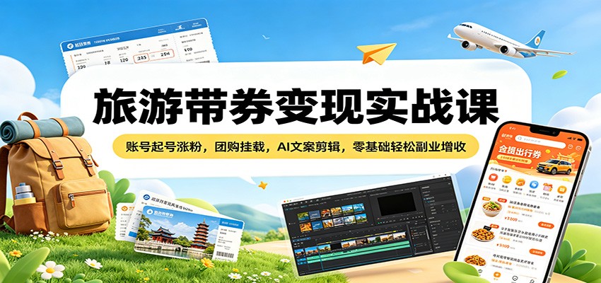 旅游带券变现实战课：账号起号涨粉，团购挂载，AI文案剪辑，零基础轻松副业增收-九九网创
