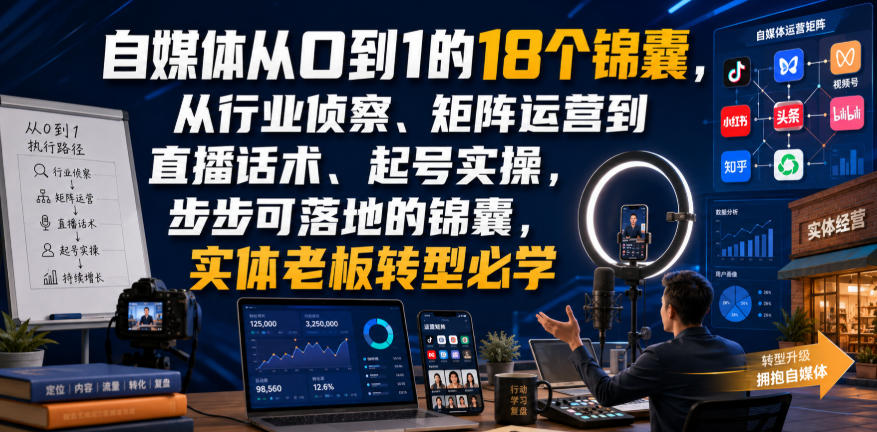 自媒体从0到1的18个锦囊，从行业侦察、矩阵运营到直播话术、起号实操，步步可落地的锦囊，实体老板转型必学-九九网创