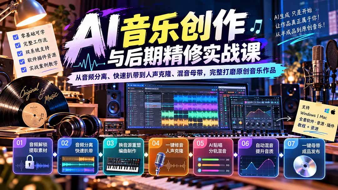 （20652期）AI音乐创作与后期精修实战课：从音频分离、快速扒带到人声克隆、混音母带，完整打磨原创音乐作品-九九网创