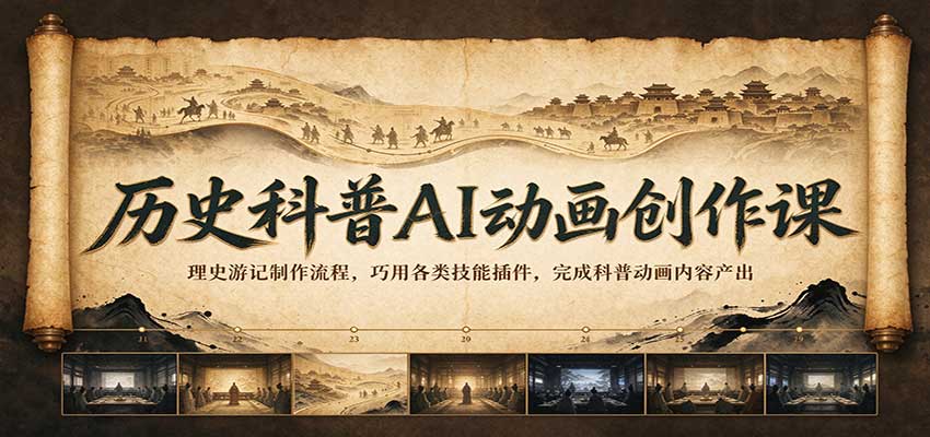 历史科普AI动画创作课：理史游记制作流程，巧用各类技能插件，完成科普动画内容产出-九九网创
