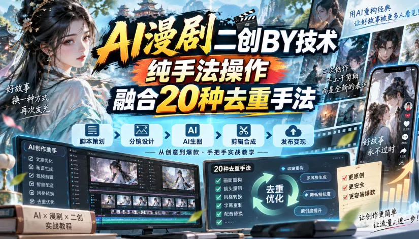 AI漫剧二创搬运技术，纯手法操作，融合20种去重手法-九九网创