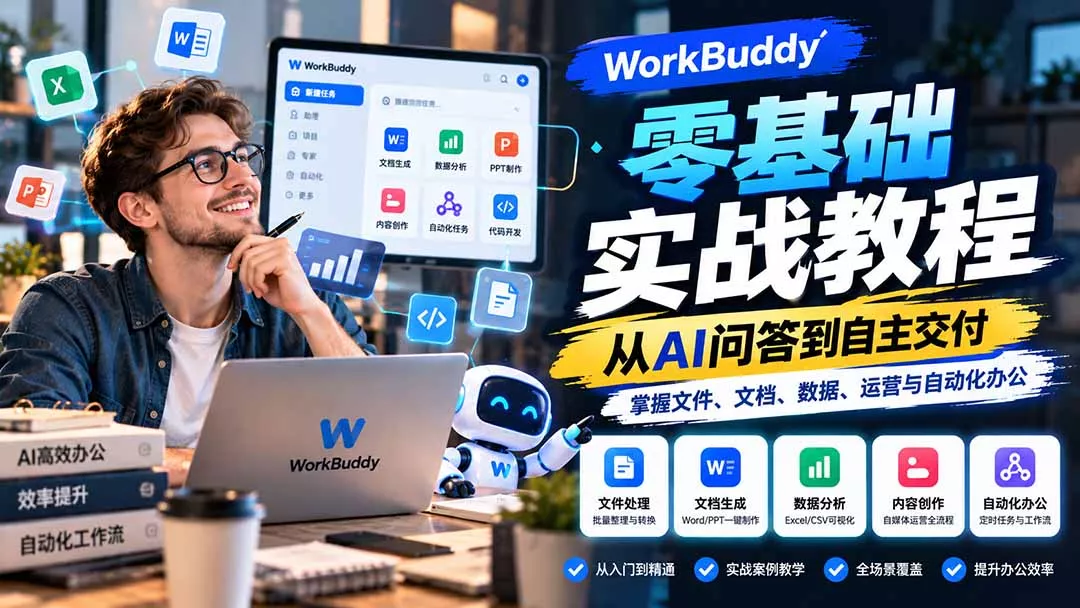 WorkBuddy零基础实战教程：从AI问答到自主交付，掌握文件、文档、数据、运营与自动化办公-九九网创