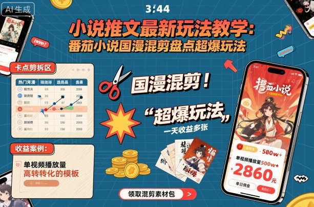 小说推文最新玩法教学，番茄小说国漫混剪盘点超爆玩法，全程干货，一天收益多张-九九网创