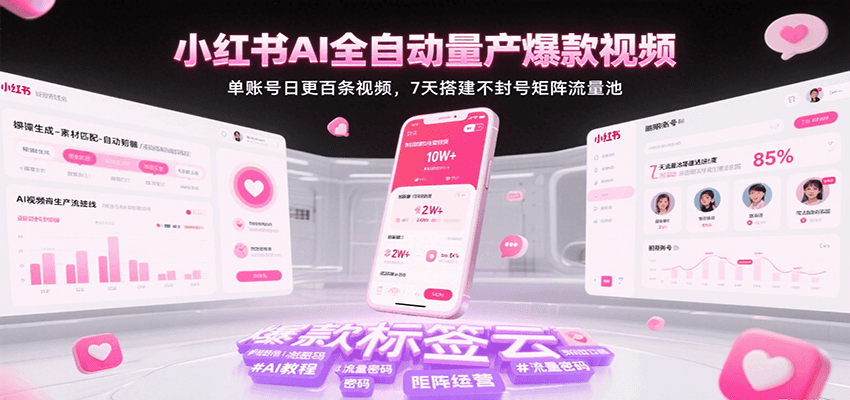 小红书AI全自动量产爆款视频，单账号日更百条视频，7天搭建不封号矩阵流量池（更新）-九九网创