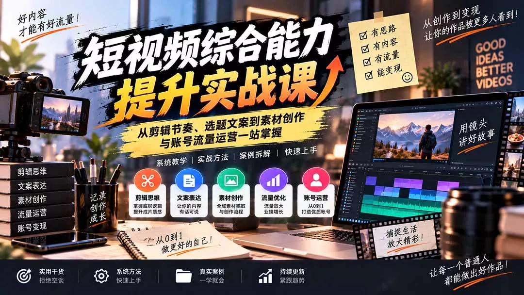 短视频综合能力提升实战课：从剪辑节奏、选题文案到素材创作与账号流量运营一站掌握-九九网创