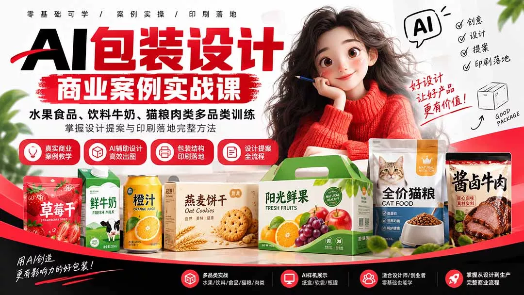 AI包装设计商业案例实战课：水果食品、饮料牛奶、猫粮肉类多品类训练，掌握设计提案与印刷落地完整方法-九九网创