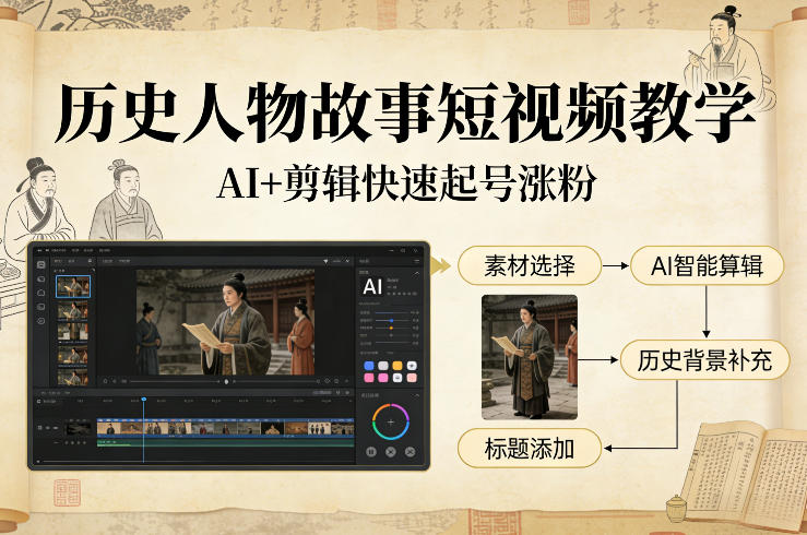 历史人物故事短视频教学，AI+剪辑制作历史人物题材短视频，快速起号涨粉-九九网创