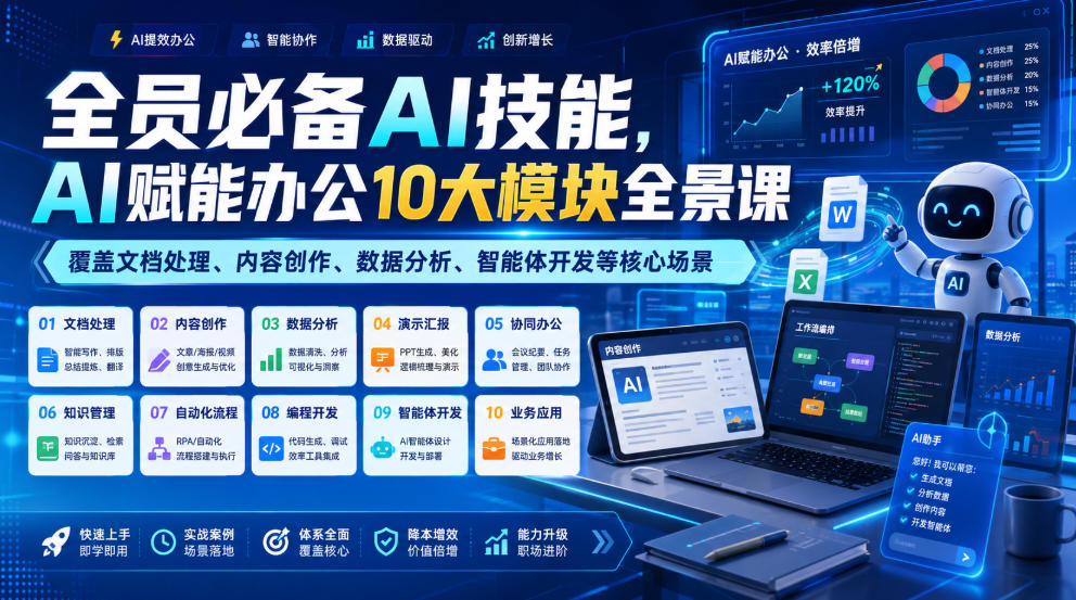全员必备AI技能，AI赋能办公10大模块全景课，覆盖文档处理、内容创作、数据分析、智能体开发等核心场景-九九网创