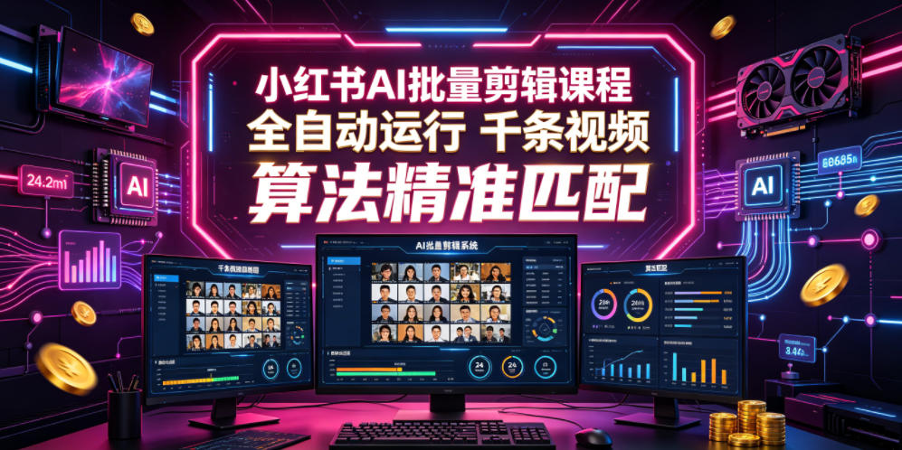 小红书AI批量剪辑课程,24小时全自动运行,解放双手专注运营,千条视频批量处理,小红书算法精准匹配-九九网创
