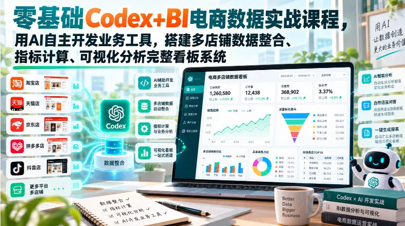零基础Codex+BI电商数据实战课程，用AI自主开发业务工具，搭建多店铺数据整合、指标计算、可视化分析完整看板系统-九九网创