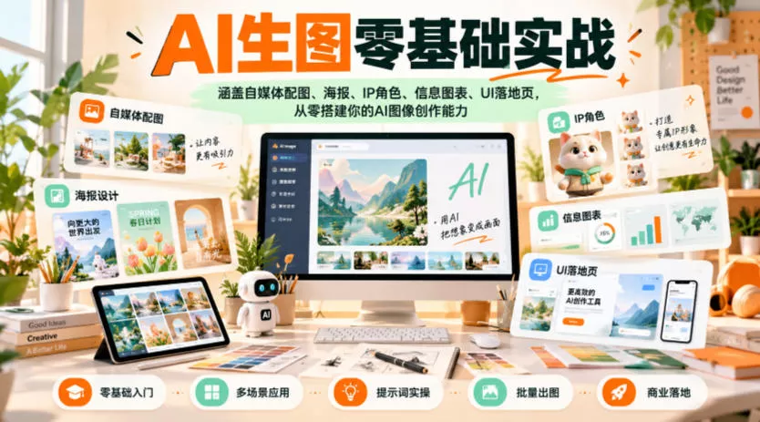 AI生图零基础实战，涵盖自媒体配图、海报、IP角色、信息图表、UI落地页，从零搭建你的AI图像创作能力-九九网创