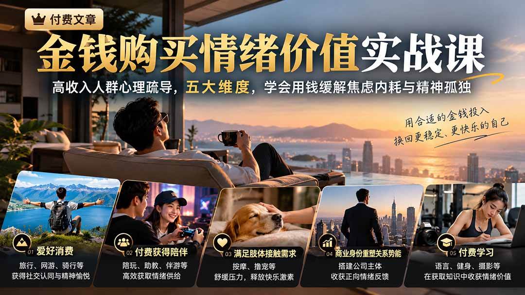 （20941期）付费文章：金钱购买情绪价值实战课｜高收入人群心理疏导，五大维度，学会用钱缓解焦虑内耗与精神孤独-九九网创
