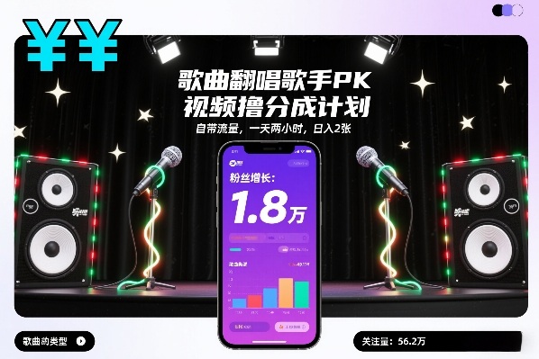 歌曲翻唱歌手PK视频撸分成计划，自带流量，一天两小时，日入2张-九九网创