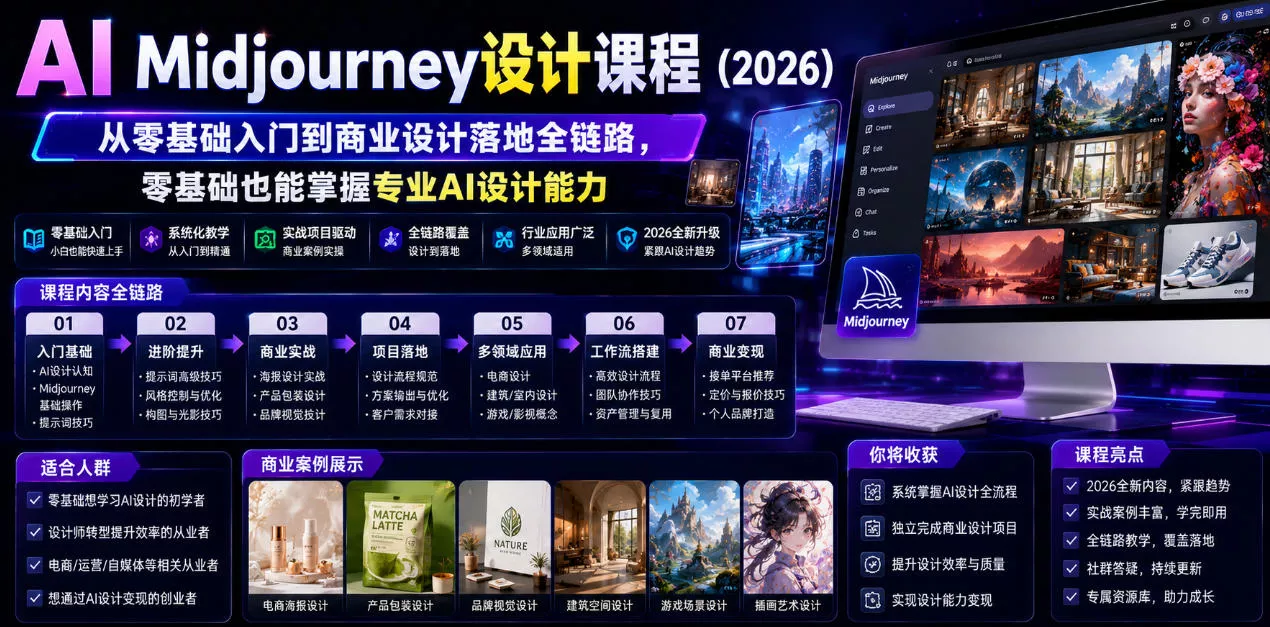 AI Midjourney设计课程(2026)，从零基础入门到商业设计落地全链路，零基础也能掌握专业AI设计能力(更新1007)-九九网创