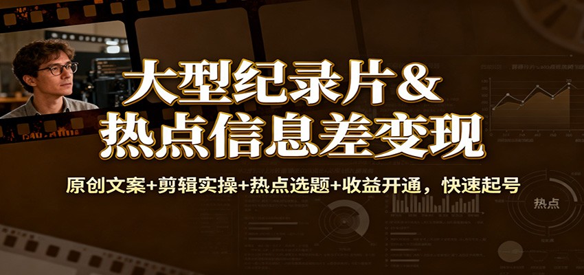 大型纪录片&热点信息差变现：原创文案+剪辑实操+热点选题+收益开通，快速起号-九九网创