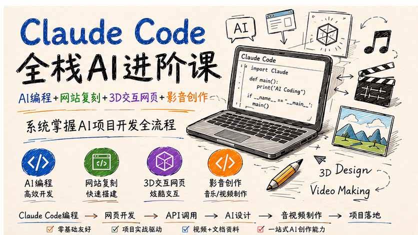 （20188期）Claude Code全栈AI进阶课-更新；AI编程+网站复刻+3D交互网页+影音创作，系统掌握AI项目开发全流程-九九网创