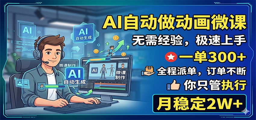 AI自动做动画微课,一单300+,全程派单,你只管执行,月稳定2W+-九九网创