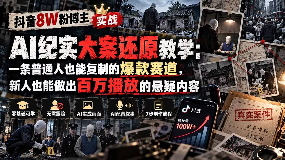 抖音8W粉博主AI纪实大案还原教学：一条普通人也能复制的爆款赛道，新人也能做出百万播放的悬疑内容