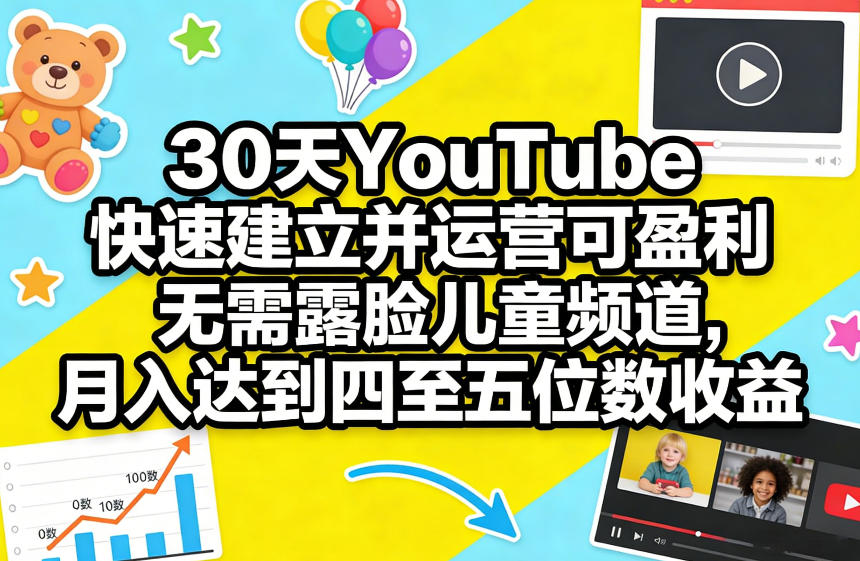 30天YouTube快速建立并运营可盈利无需露脸儿童频道，月入达到四至五位数收益-九九网创