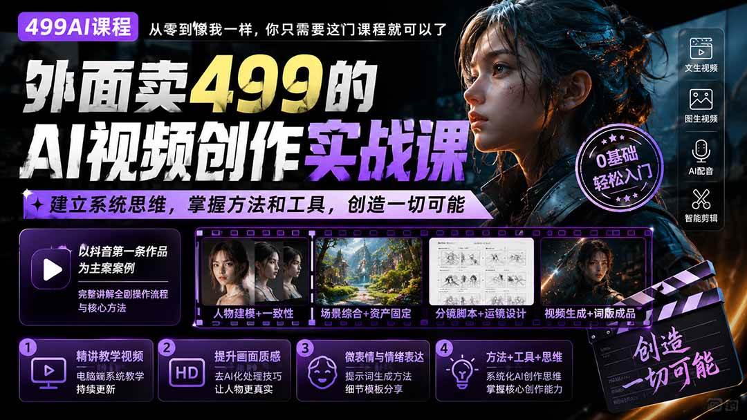 （20307期）外面卖499的AI视频创作实战课：建立系统思维，掌握方法和工具，创造一切可能。-九九网创
