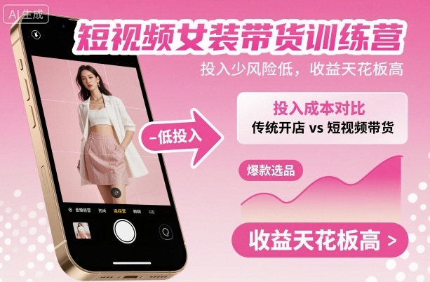 短视频女装带货训练营，投入少风险低，收益天花板高-九九网创