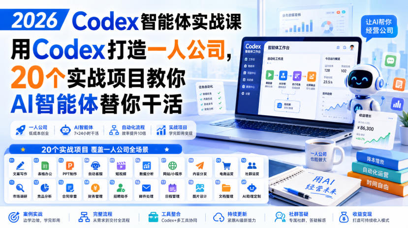 2026 Codex智能体实战课,用Codex打造一人公司,20个实战项目教你AI智能体替你干活-九九网创