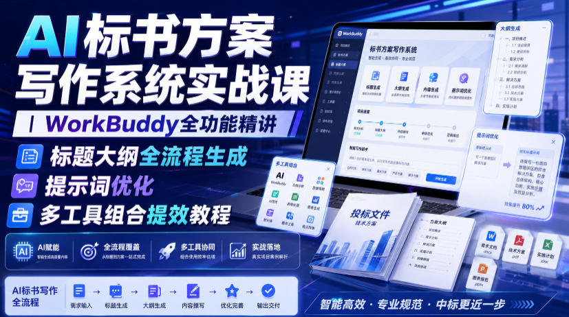 AI标书方案写作系统实战课|WorkBuddy全功能精讲・标题大纲全流程生成・提示词优化・多工具组合提效教程-九九网创