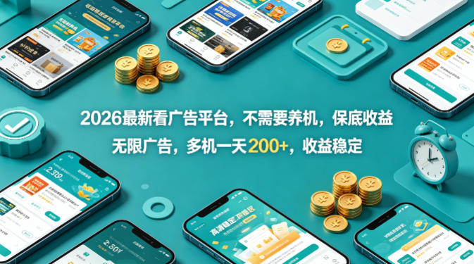 2026最新看广告平台，不需要养机，保底收益，无限广告，多机一天200+，收益稳定【揭秘】-九九网创