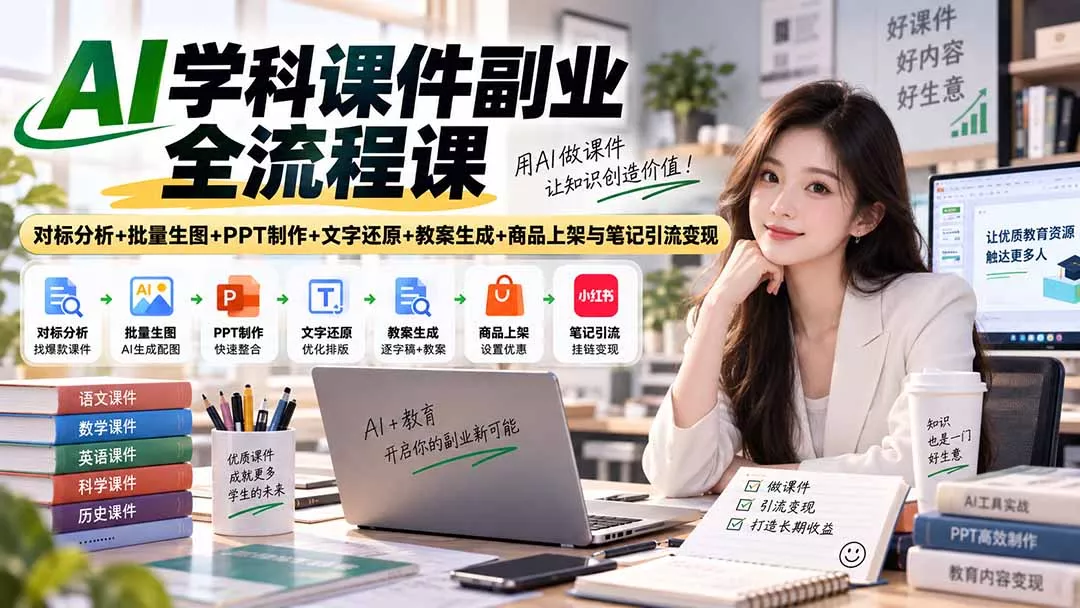 AI学科课件副业全流程课｜对标分析+批量生图+PPT制作+文字还原+教案生成+商品上架与笔记引流变现-九九网创