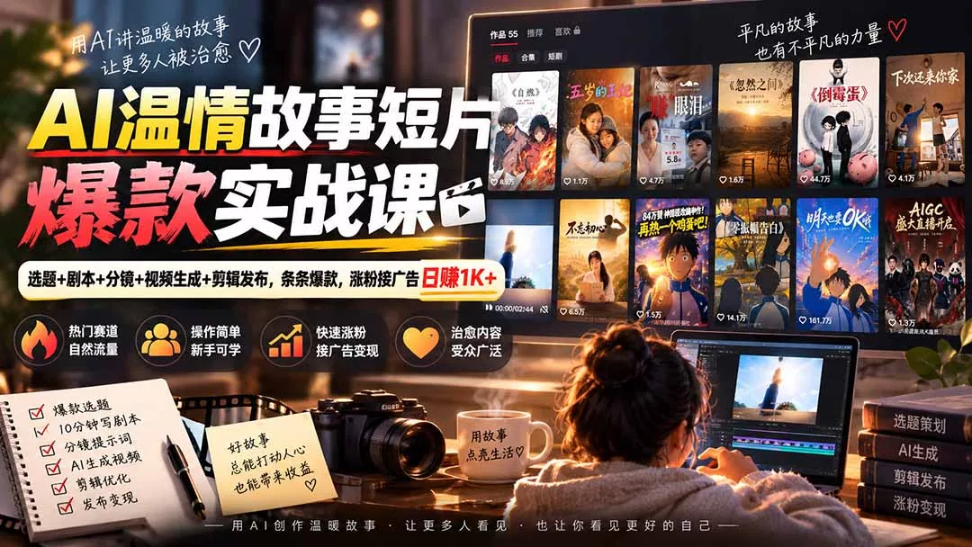 AI温情故事短片爆款实战课-更新｜选题+剧本+分镜+视频生成+剪辑发布，条条爆款，涨粉接广告日赚1K+-九九网创