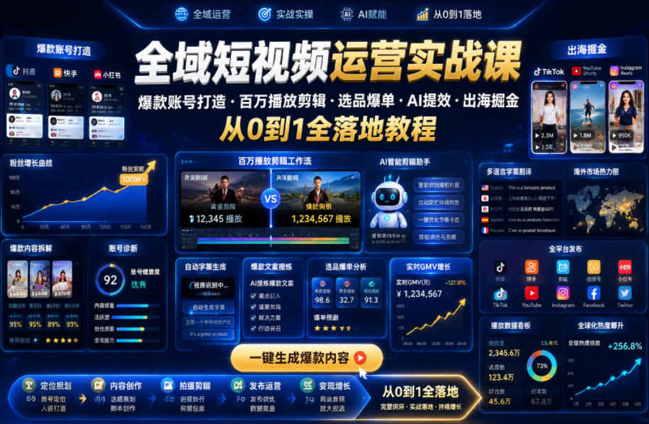 全域短视频运营实战课,爆款账号打造・百万播放剪辑・选品爆单・AI提效・出海掘金,从0到1全落地教程-九九网创
