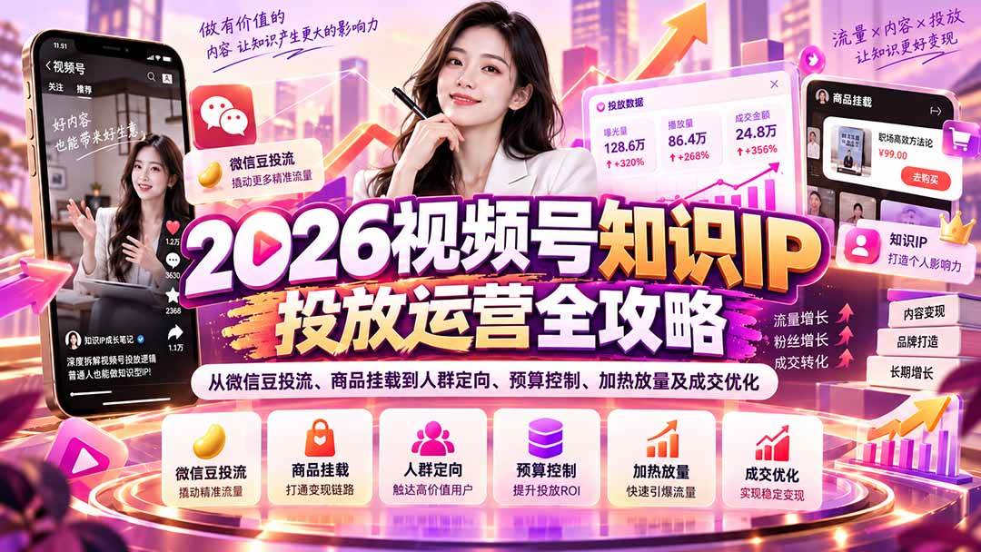 （20860期）2026视频号知识IP投放运营全攻略：从微信豆投流、商品挂载到人群定向、预算控制、加热放量及成交优化-九九网创