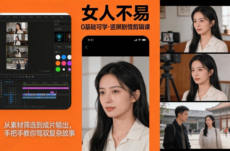 0基础可学！《女人不易》竖屏剧情剪辑课，从素材筛选到成片输出，手把手教你驾驭复杂故事-九九网创