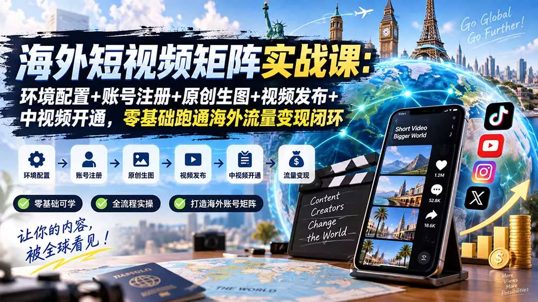海外短视频矩阵实战课：环境配置+账号注册+原创生图+视频发布+中视频开通，零基础跑通海外流量变现闭环-九九网创