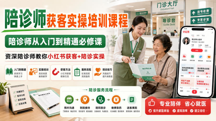 陪诊师获客实操培训课程，陪诊师从入门到精通必修课，资深陪诊师教你小红书获客+陪诊实操-九九网创