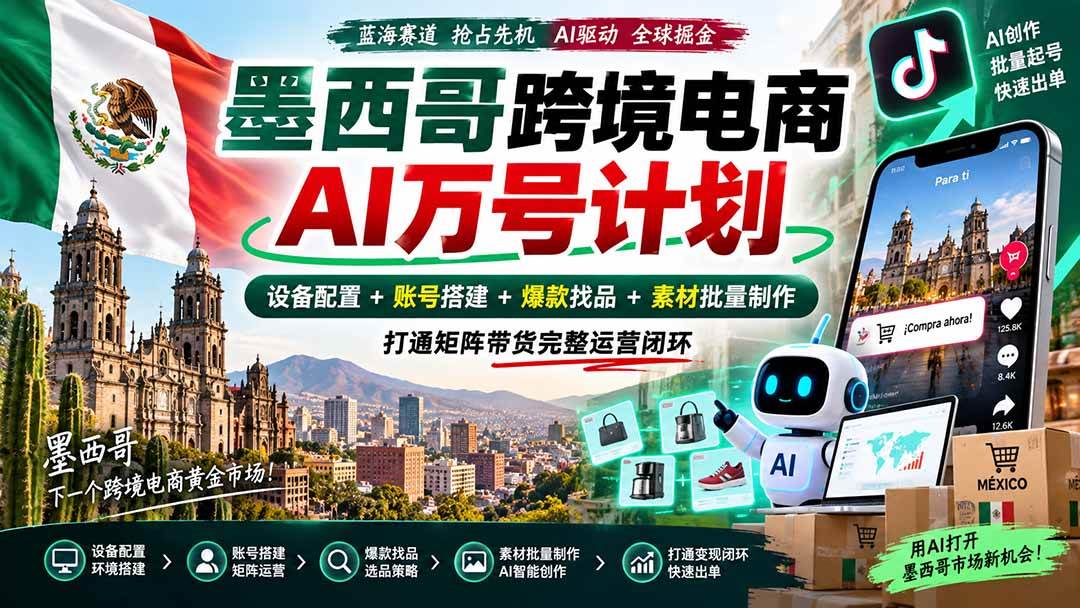 （20500期）墨西哥AI跨境电商万号计划｜设备配置+账号搭建+爆款找品+素材批量制作，打通矩阵带货完整运营闭环-九九网创
