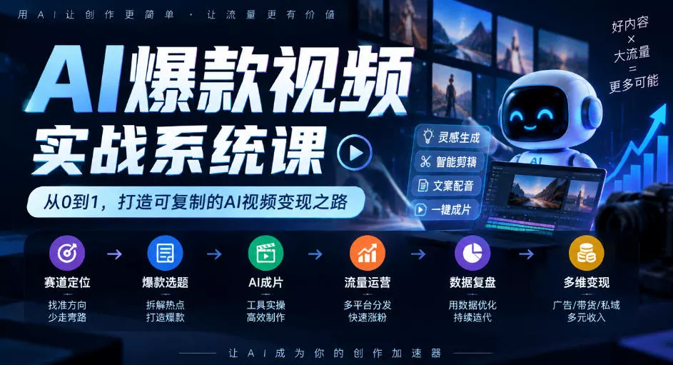 AI爆款视频实战系统课｜赛道定位、爆款选题、AI成片、流量运营、数据复盘、多维变现全链路教学-九九网创