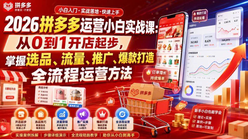 2026拼多多运营小白实战课：从0到1开店起步，掌握选品、流量、推广、爆款打造全流程运营方法-九九网创