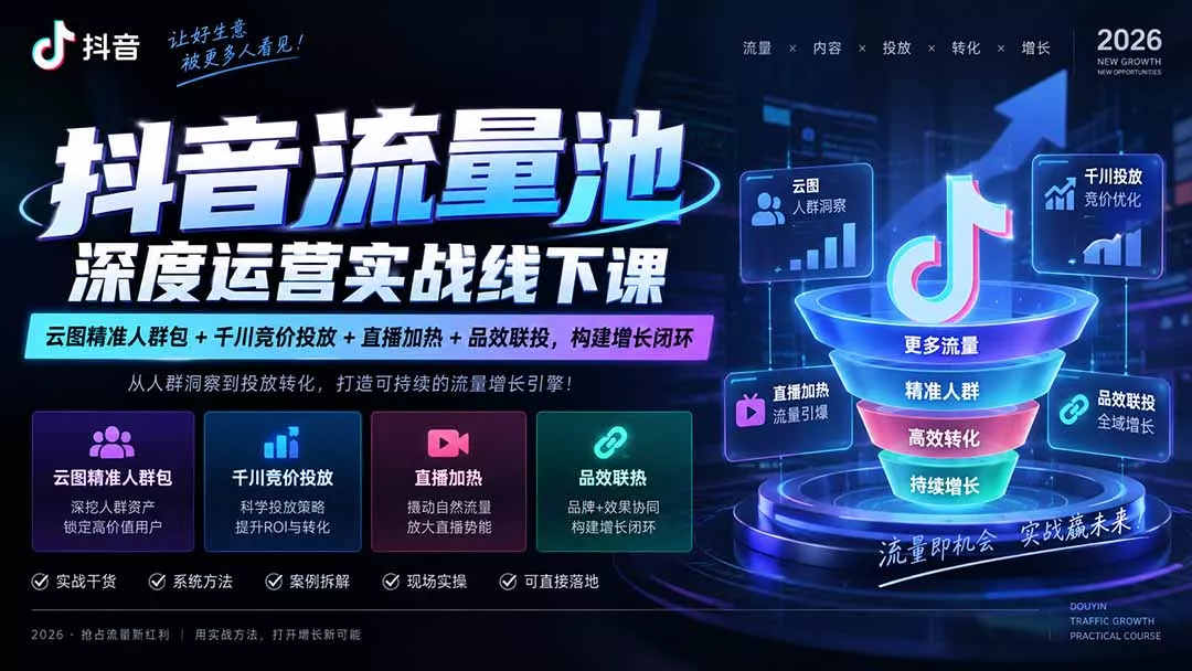 抖音流量池深度运营实战线下课｜云图精准人群包+千川竞价投放+直播加热+品效联投，构建增长闭环-九九网创