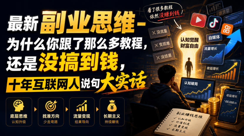 最新副业思维-为什么你跟了那么多教程，还是没搞到钱，十年互联网人说句大实话【揭秘】-九九网创