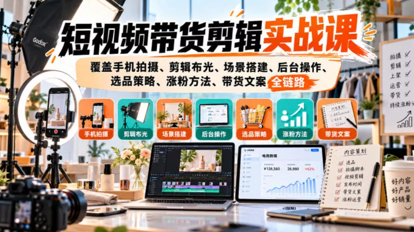 短视频带货剪辑实战课，覆盖手机拍摄、剪辑布光、场景搭建、后台操作、选品策略、涨粉方法、带货文案全链路-九九网创