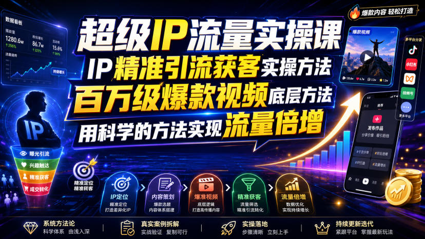 超级IP流量实操课，IP精准引流获客实操方法，百万级爆款视频底层方法，用科学的方法实现流量倍增-九九网创