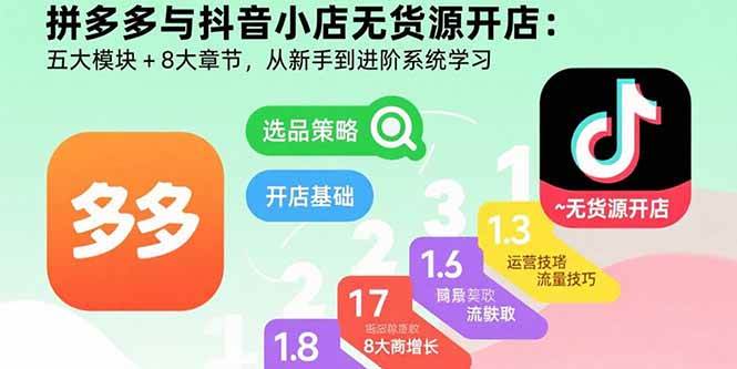 （15805期）拼多多与抖音小店无货源开店：五大模块+8大章节，从新手到进阶系统学习-九九网创