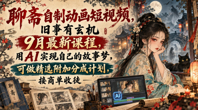 聊斋自制动画短视频，旧事有玄机9月最新课程，用AI实现自己的故事梦，可做精选附加分成计划，接商单收徒-九九网创