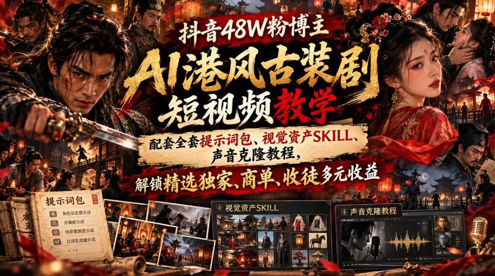 抖音48W粉博主AI港风古装剧短视频教学，配套全套提示词包、视觉资产SKILL、声音克隆教程，解锁精选独家、商单、收徒多元收益-九九网创