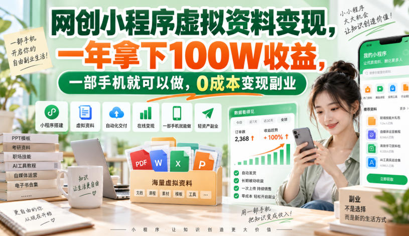网创小程序虚拟资料变现，一年拿下100W收益，一部手机就可以做，0成本变现副业！【揭秘】-九九网创