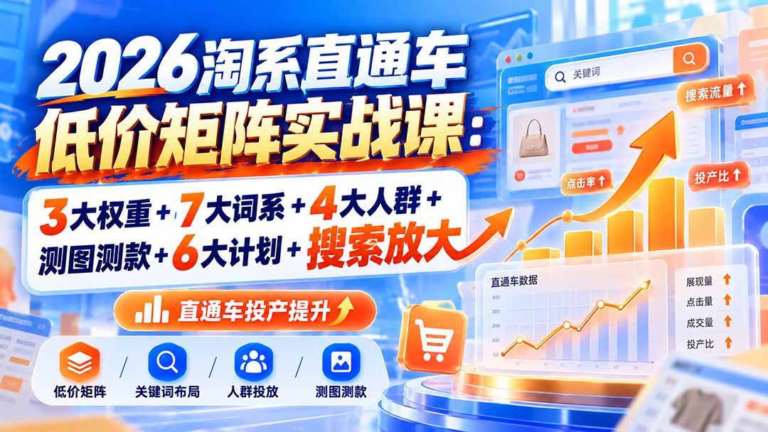 (20761期)2026淘系直通车低价矩阵实战课:3大权重+7大词系+4大人群+测图测款+6大计划+搜索放大-九九网创