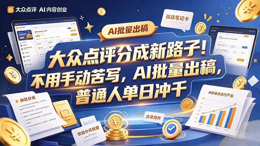 大众点评副业新玩法，工具提效解放双手，批量做笔记，单日可破千-九九网创