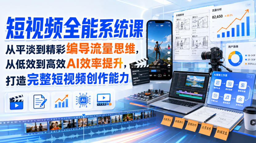 短视频全能系统课，从平淡到精彩编导流量思维，从低效到高效AI效率提升，打造完整短视频创作能力（2026年8月30更新233集）-九九网创