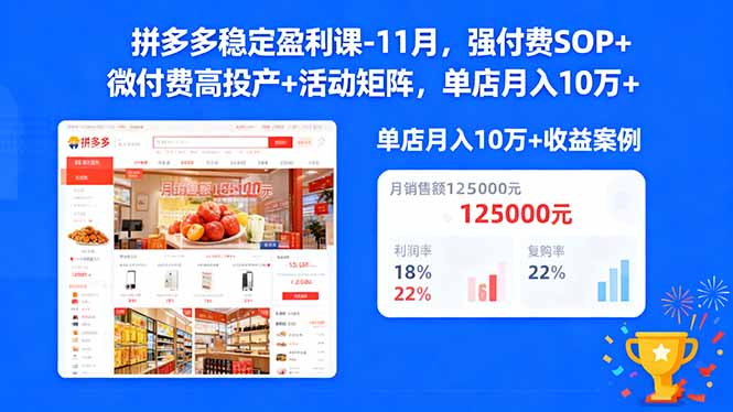 拼多多稳定盈利课-11月，强付费SOP+微付费高投产+活动矩阵，单店月入10w+-九九网创